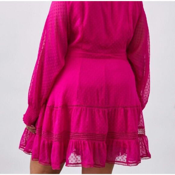 Not So Serious Anthro Swiss Dot Smocked Cuffs Wrap Mini Dress Pink Women XL NWT - Picture 2 of 12